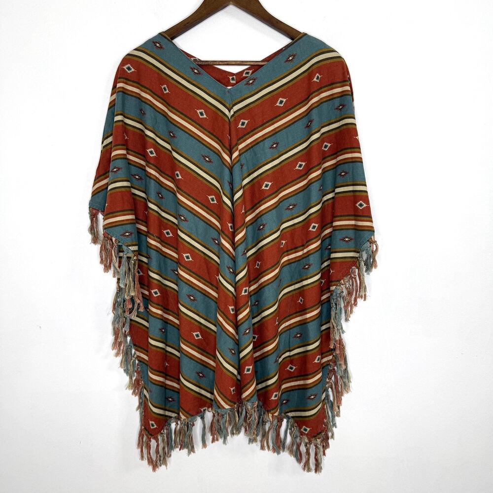 Ryan Michael Poncho Top Womens S/M Blue Rust Southwestern Stripe Fringe Boho